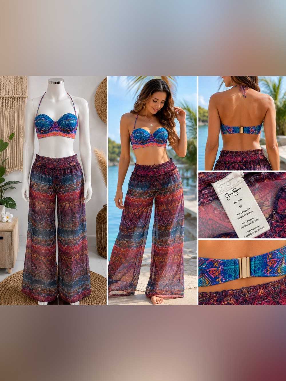 Jessica Simpson Bikini Top & Sheer Cover-Up Pants Set Medium